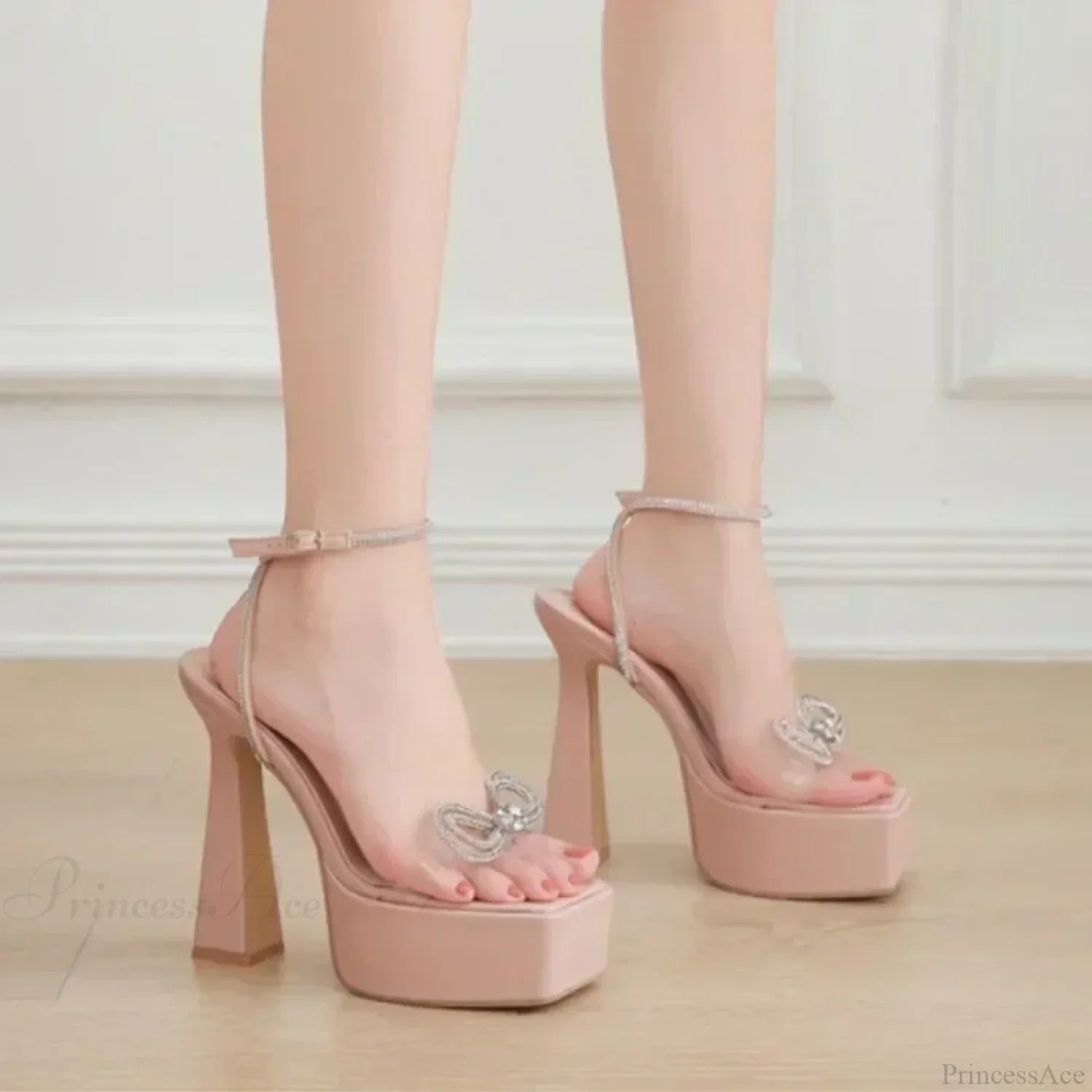 Sexy Peep Toe Platform Square HeadBuckle Strap Rhinestone Butterfly-knot 16CM High Heels Summer Lady High Heel