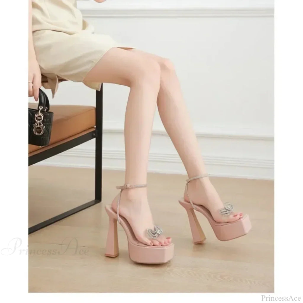 Sexy Peep Toe Platform Square HeadBuckle Strap Rhinestone Butterfly-knot 16CM High Heels Summer Lady High Heel