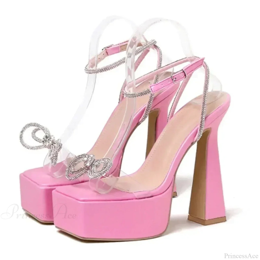 Sexy Peep Toe Platform Square HeadBuckle Strap Rhinestone Butterfly-knot 16CM High Heels Summer Lady High Heel