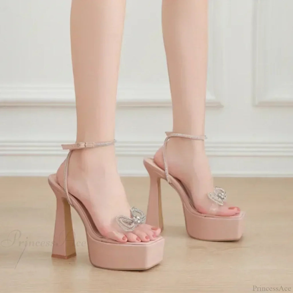 Sexy Peep Toe Platform Square HeadBuckle Strap Rhinestone Butterfly-knot 16CM High Heels Summer Lady High Heel
