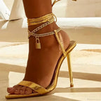 Sexy Peep Toe Pointed Head Stiletto Sandals Chain Ankle Straps Summer Thin High Heels Party High Heel