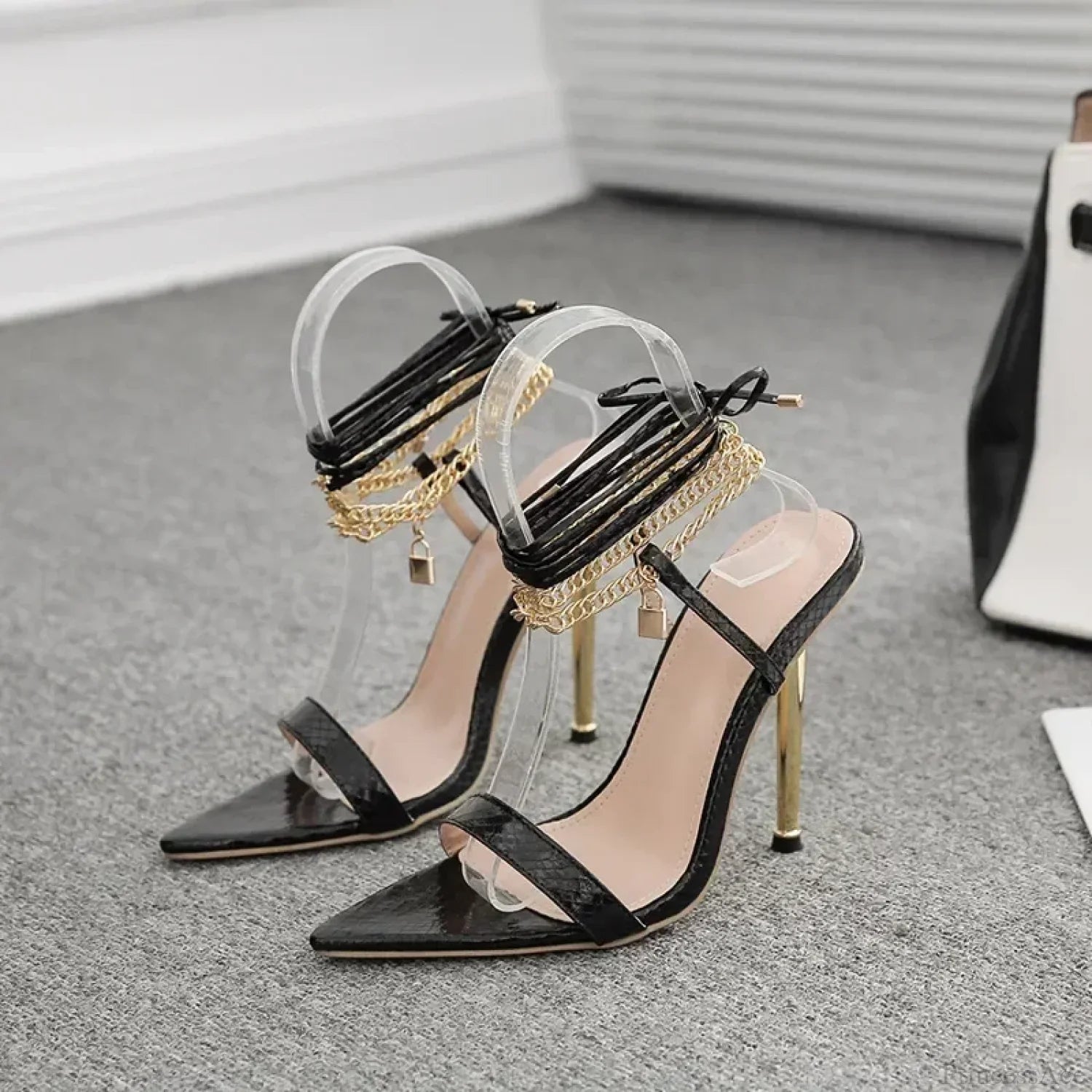 Sexy Peep Toe Pointed Head Stiletto Sandals Chain Ankle Straps Summer Thin High Heels Party High Heel