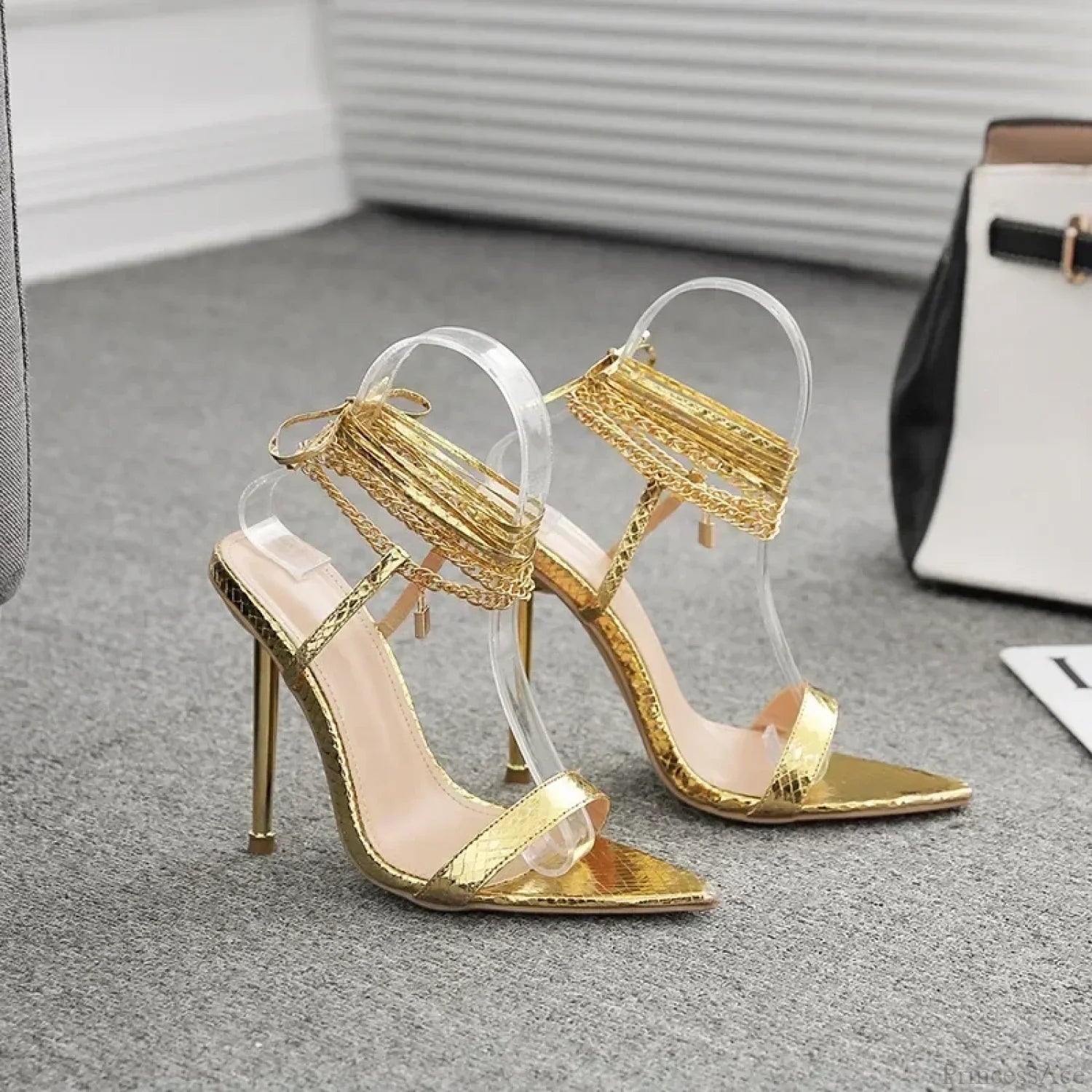 Sexy Peep Toe Pointed Head Stiletto Sandals Chain Ankle Straps Summer Thin High Heels Party High Heel