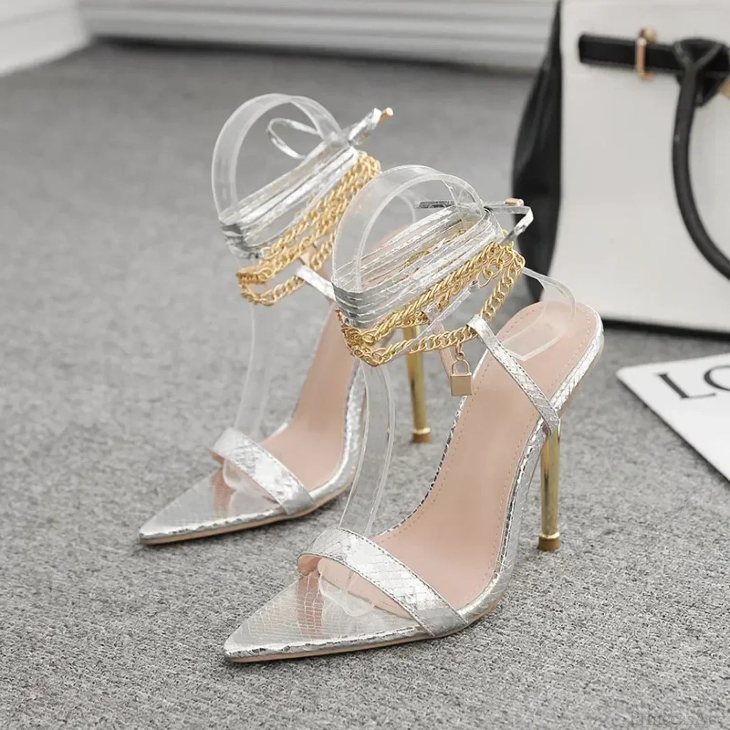 Sexy Peep Toe Pointed Head Stiletto Sandals Chain Ankle Straps Summer Thin High Heels Party High Heel