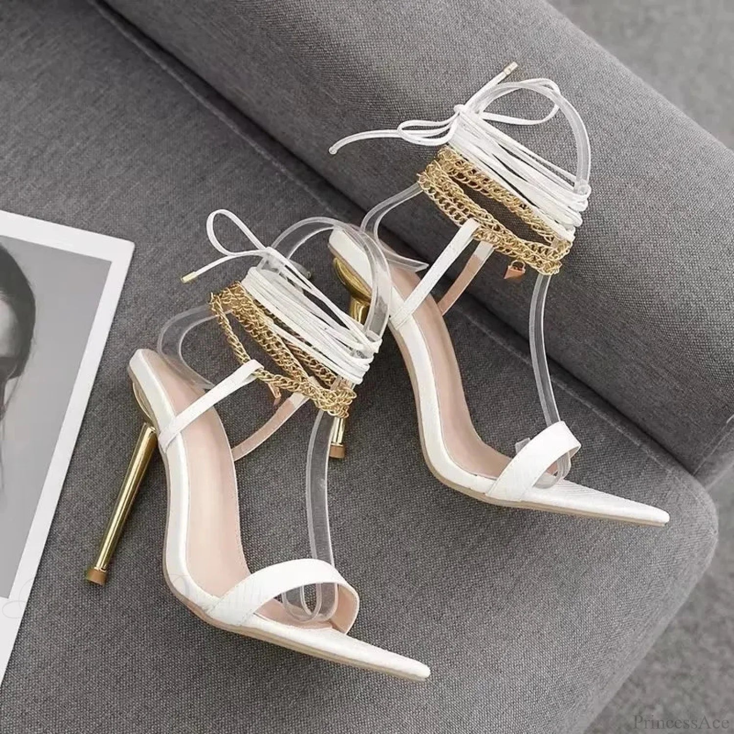 Sexy Peep Toe Pointed Head Stiletto Sandals Chain Ankle Straps Summer Thin High Heels Party High Heel