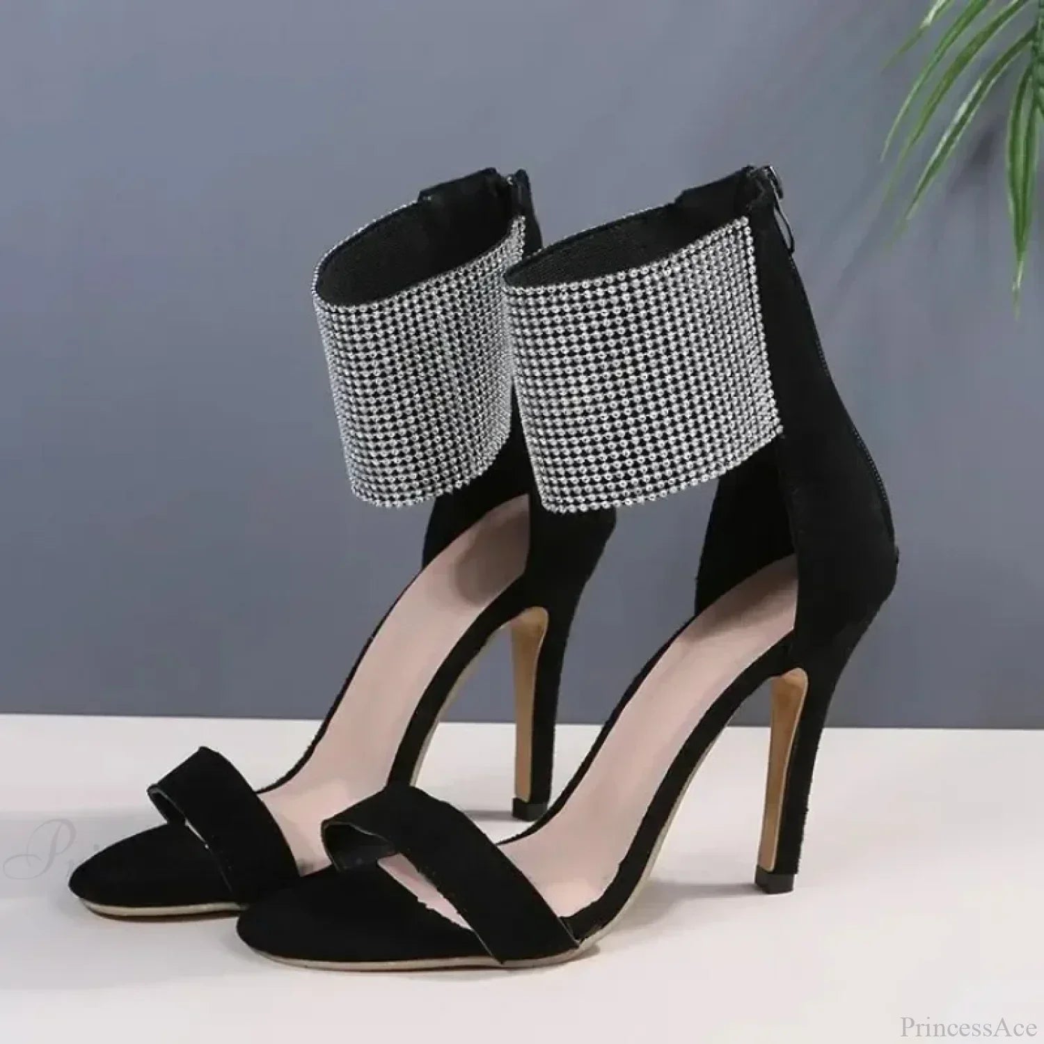 Sexy Peep Toe Rhinestone Stiletto Faux Suede Back Zipper Super High Heels Wedding Party High Heel