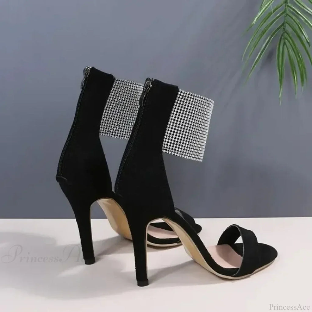 Sexy Peep Toe Rhinestone Stiletto Faux Suede Back Zipper Super High Heels Wedding Party High Heel