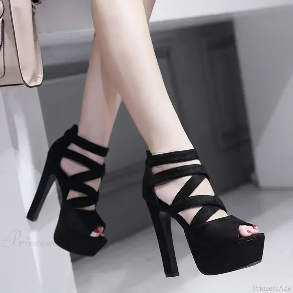Sexy Peep Toe Suede Cross Band Platform Black/Apricot Ankle Strap Back Zipper Ultra High Heel Party High Heel
