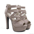 Sexy Peep Toe Suede Cross Band Platform Black/Apricot Ankle Strap Back Zipper Ultra High Heel Party High Heel