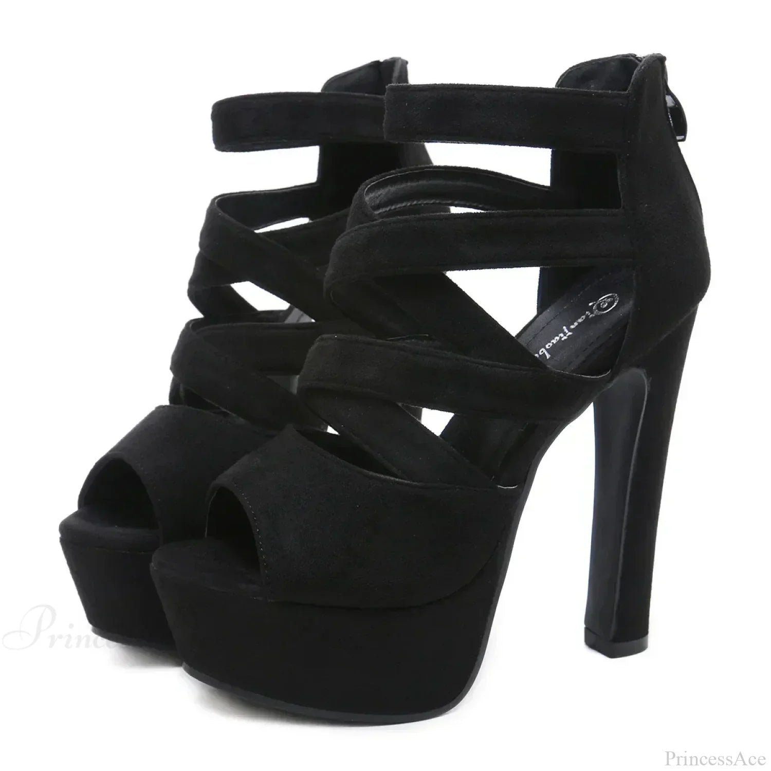 Sexy Peep Toe Suede Cross Band Platform Black/Apricot Ankle Strap Back Zipper Ultra High Heel Party High Heel