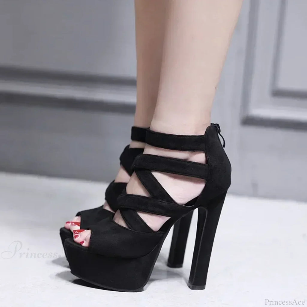 Sexy Peep Toe Suede Cross Band Platform Black/Apricot Ankle Strap Back Zipper Ultra High Heel Party High Heel