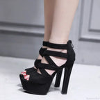 Sexy Peep Toe Suede Cross Band Platform Black/Apricot Ankle Strap Back Zipper Ultra High Heel Party High Heel