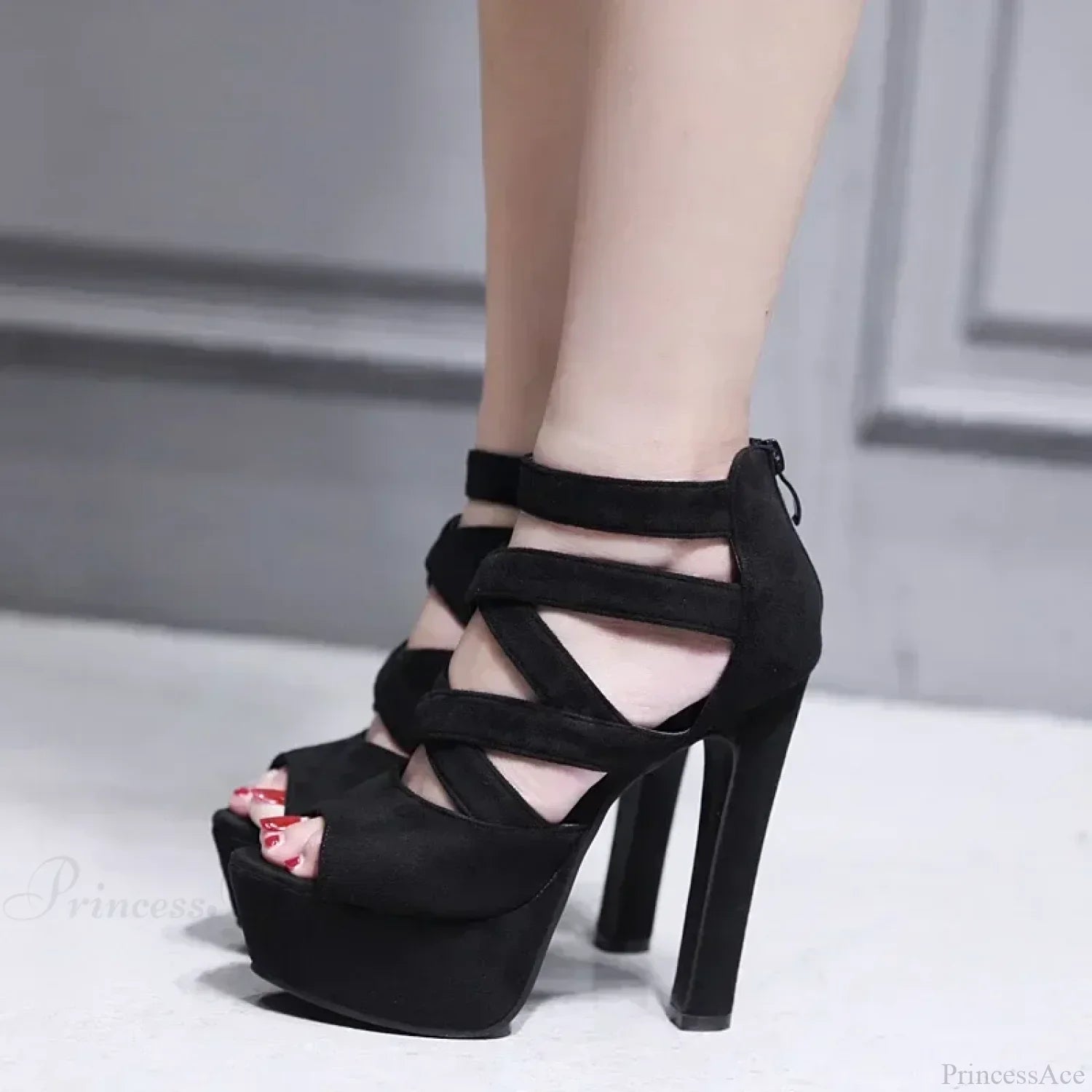 Sexy Peep Toe Suede Cross Band Platform Black/Apricot Ankle Strap Back Zipper Ultra High Heel Party High Heel