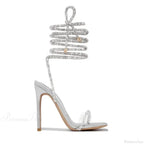 Sexy Peep Toe Women's Stiletto Luxury Square Head Rhinestone Thin Band Strap Comfort Slim High Heel