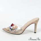 Sexy Pointed Open Toe Thin High Heels Slippers Women Mixed Colors Flowers PVC Transparent Sandals Summer Party Dress Shoes