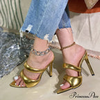 Sexy Pointed Toe Gold High Heels Women Slippers PU Leather Summer Party Banquet Shoes Sandalias De Mujer