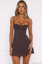 Brown Sweetheart Spaghetti Strap Side Slit Polka Dot Bodycon Mini Dress