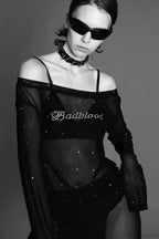 Sexy Rhinestone Embellished Off-the-Shoulder Tulle Blouse