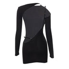 Ribbed Cut Out Long Sleeve Backless Bodycon Party Mini Dress - Black