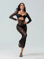 Sexy See-Through Lace Sheer Long Sleeve Beach Floral Dress