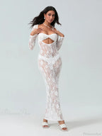 Sexy See-Through Lace Sheer Long Sleeve Beach Floral Dress