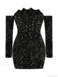 Sexy Slash Neck Long Sleeve Sparkling Sequins Dress Off Shoulder Christmas Party Dress