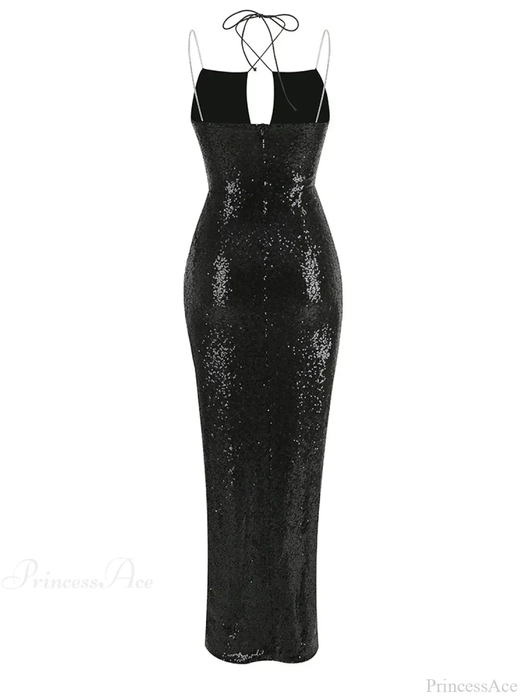 Sexy Sleeveless Cut Out Black Sequins Elegant Backless High Slit Christmas Party Dress