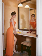 Sexy Sleeveless Square Mesh Perspective Ruffle Long Orange Sheer IrRegular Christmas Party Dress