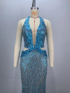Sexy Sling Deep V-Neck Sequins Long Dress Hollow Out Slim Christmas Party Dress