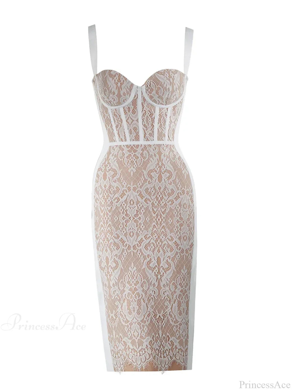 Sexy Sling Square Collar Lace Bandage Sleeveless White Midi Christmas Party Dress
