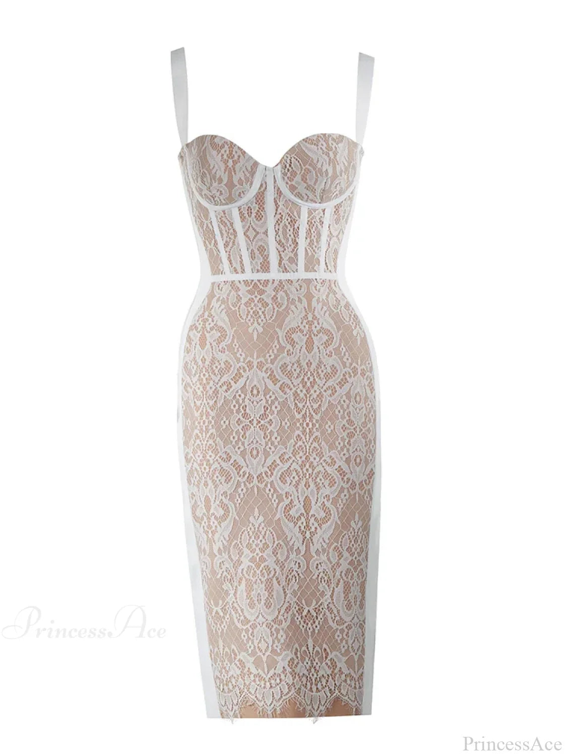 Sexy Sling Square Collar Lace Bandage Sleeveless White Midi Christmas Party Dress