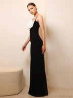 Sexy Spaghetti Strap 3D Flower Bandage Maxi Black Sleeveless Christmas Party Dress