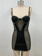 Sexy Spaghetti Strap Mesh Patchwork Pearl Mini Black Sleeveless Christmas Party Dress