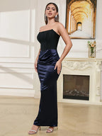 Sexy Strapless Bandage Patchwork Long Black Blue Sleeveless Christmas Party Dress