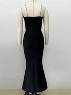 Sexy Strapless Diamonds Chain Bandage Long Black Sleeveless Backless Crystal Christmas Party Dress