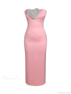 Sexy Strapless Heart Crystal Design Long Pink Sleeveless Diamonds Elegant Christmas Party Dress