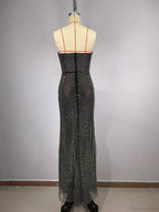 Sexy Strapless Luxury Diamonds Long Dress Shiny Sequins Crystal Folds Christmas Party Dress