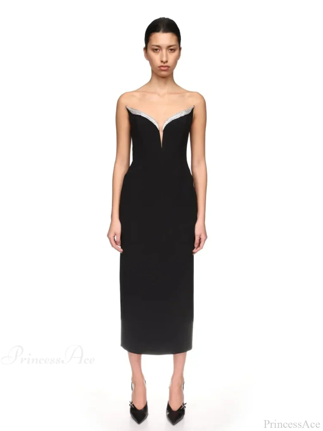 Sexy Strapless V Neck Diamonds Bandage Black Sleeveless Christmas Party Dress