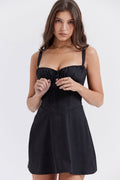 Tie Front Lace Up Back Fit & Flare Corset Mini Sundress - Black