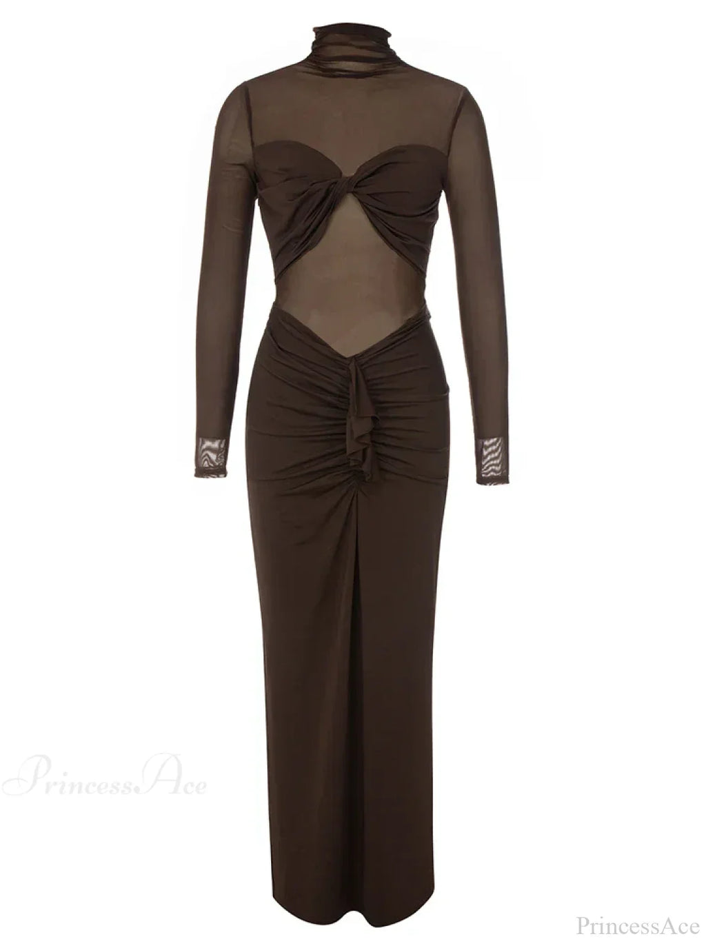 Sexy Turtleneck Mesh Patchwork Folds Brown Long Sleeve Draped Christmas Party Dress