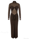 Sexy Turtleneck Mesh Patchwork Folds Brown Long Sleeve Draped Christmas Party Dress