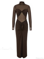 Sexy Turtleneck Mesh Patchwork Folds Brown Long Sleeve Draped Christmas Party Dress