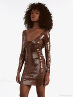 Sexy V Neck Long Sleeves Backless Sequin Mini Dress Women Christmas Party Dress