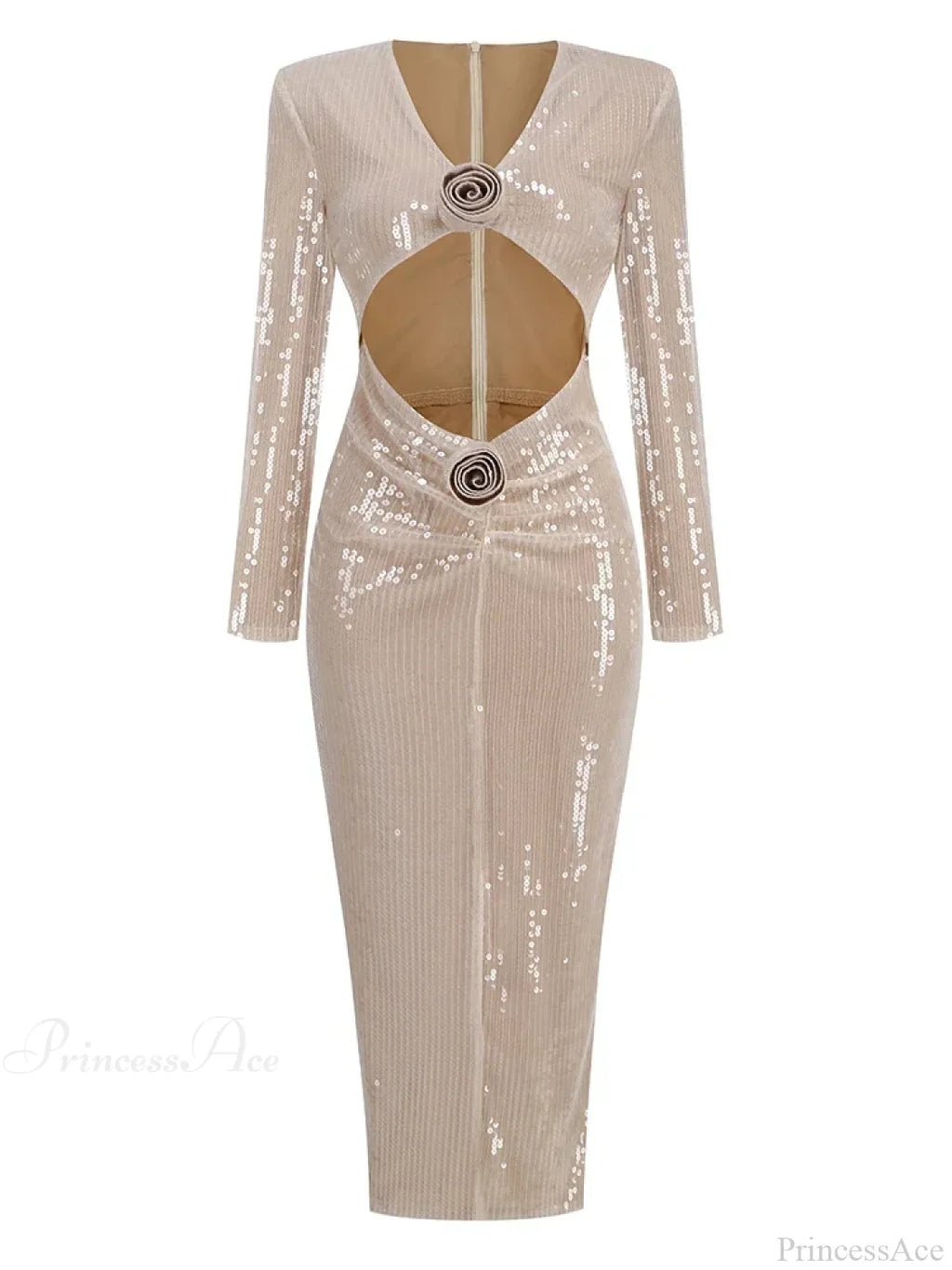 Sexy V Neck Sequins Cutout 3D Flower Dress Long Sleeves Christmas Party Dress