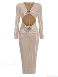 Sexy V Neck Sequins Cutout 3D Flower Dress Long Sleeves Christmas Party Dress