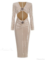 Sexy V Neck Sequins Cutout 3D Flower Dress Long Sleeves Christmas Party Dress