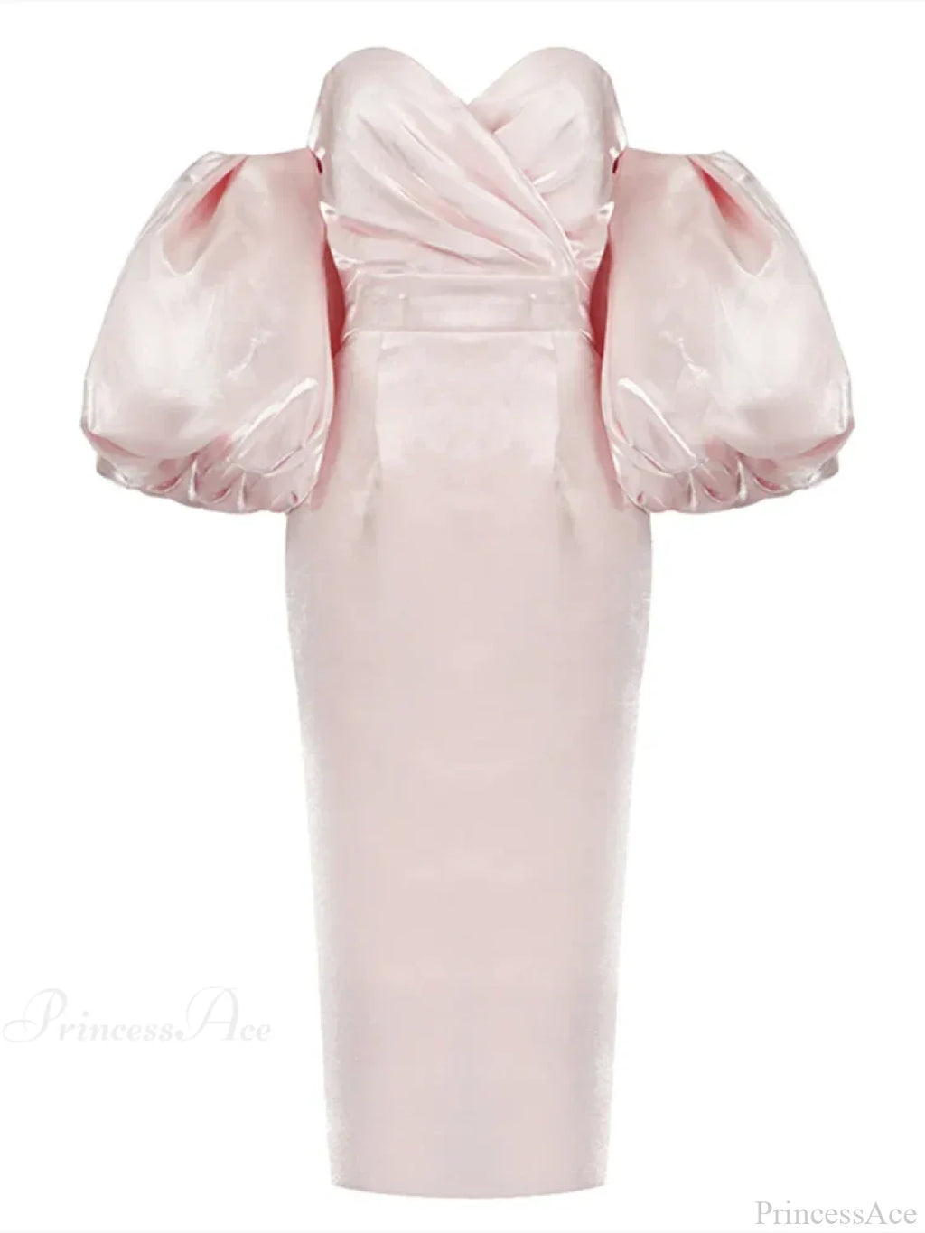 Sexy V-neck Strapless Puff Sleeve Satin Midi Off Shoulder Christmas Party Dress