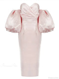 Sexy V-neck Strapless Puff Sleeve Satin Midi Off Shoulder Christmas Party Dress