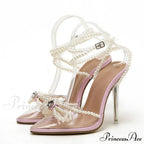Sexy White String Bead Transparent High Heels Summer Fashion Butterfly-Knot Clear Sandals Pointed Toe Pumps