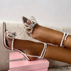 Sexy White String Bead Transparent High Heels Summer Fashion Butterfly-Knot Clear Sandals Pointed Toe Pumps
